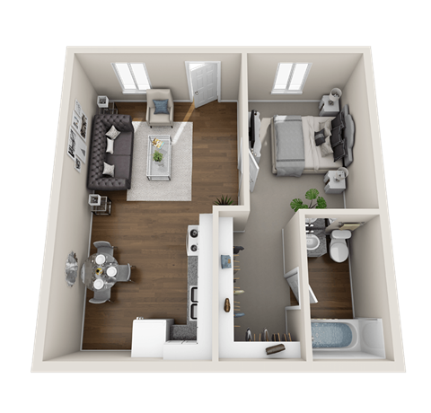 A floor plan of a 1 bedroom apartment.at Woodland Crossing , California